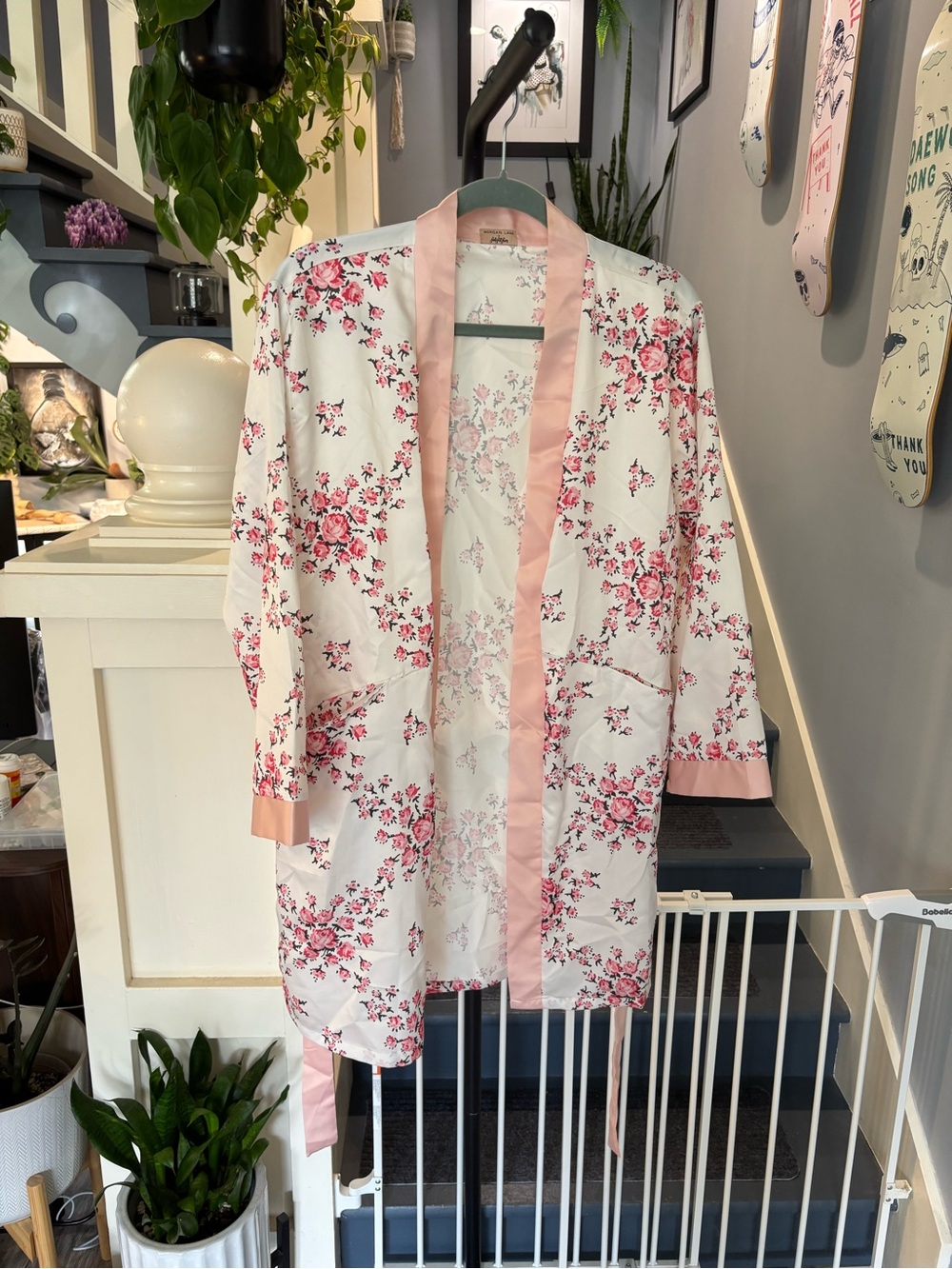 Morgan Lane White Kimono Robe with Pink Floral Print